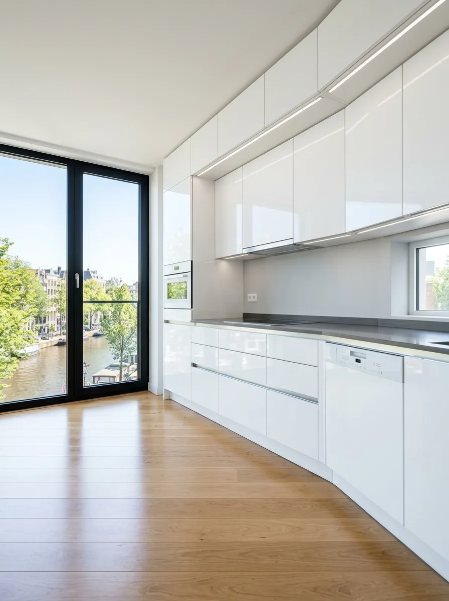 Moderne hoogglans keuken in wit met reflecterend front