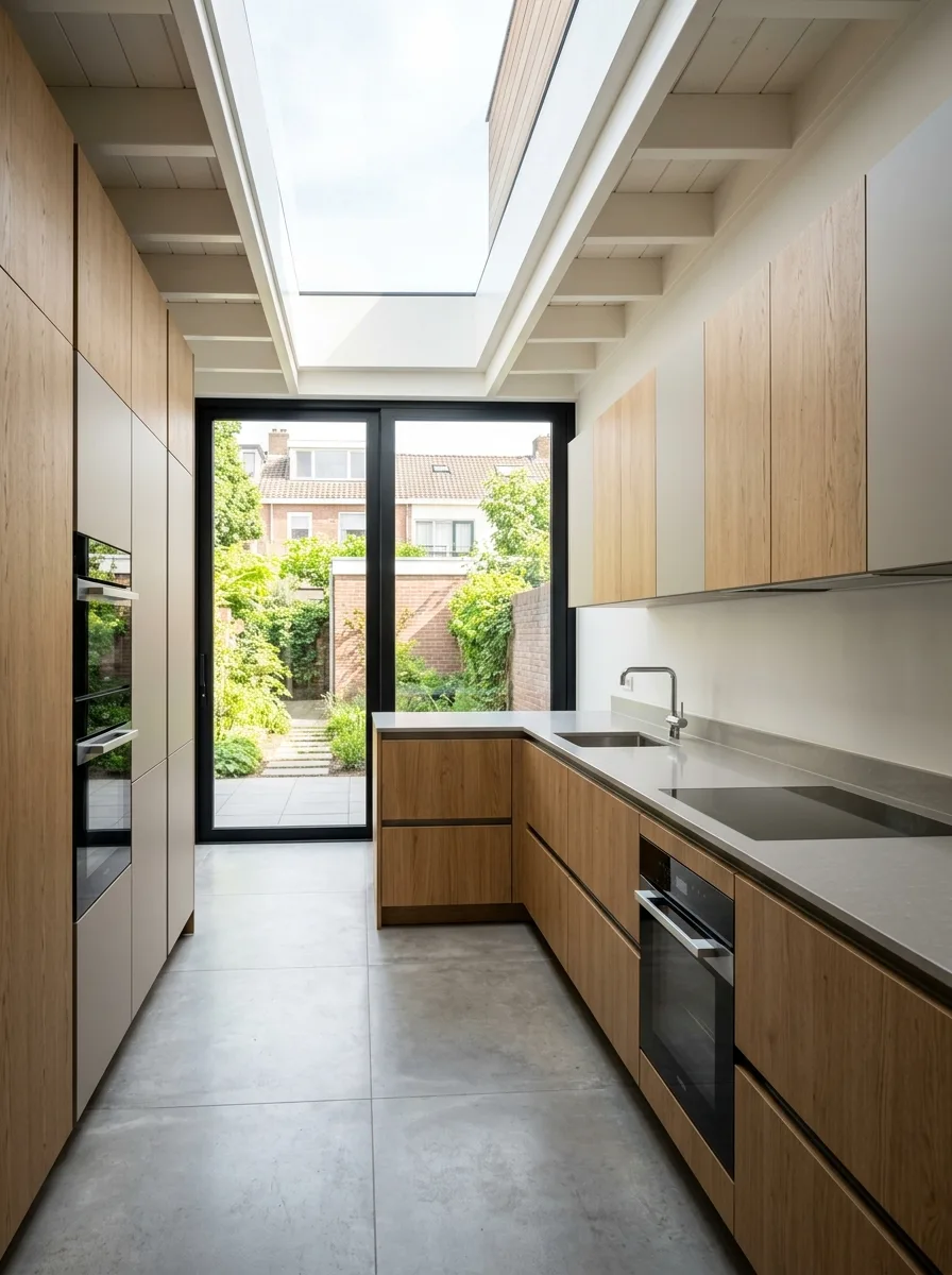 Keuken met houtstructuur en natuurtinten