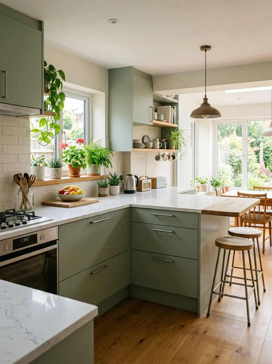 Keuken met salie-groene fronten, wit kwarts werkblad, een houten ontbijtbar en planten op de vensterbank