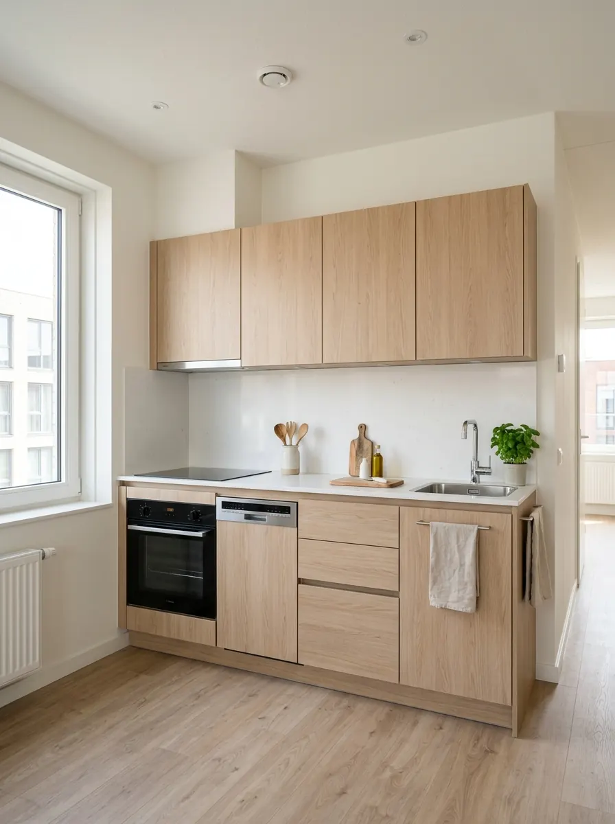 Compacte rechte keuken met licht eiken fronten en wit werkblad in een nieuwbouwappartement