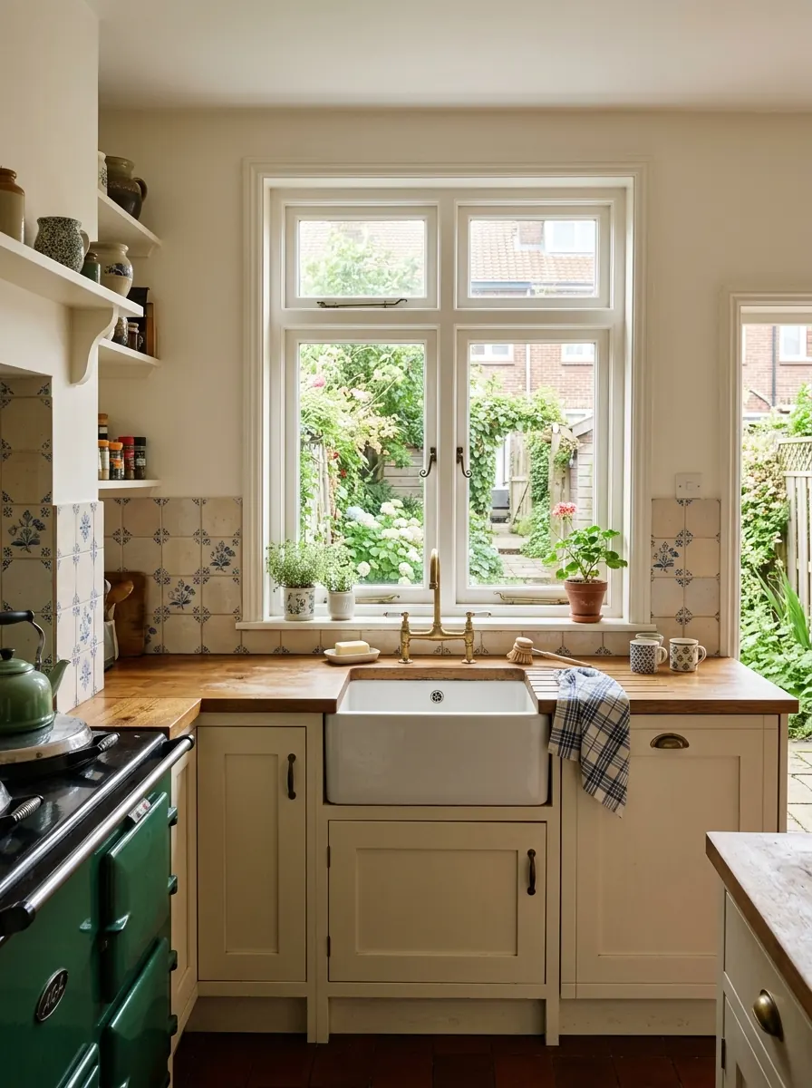 Klassieke crèmekleurige keuken met spoelbak onder het raam en houten werkblad in een Hollandse rijwoning