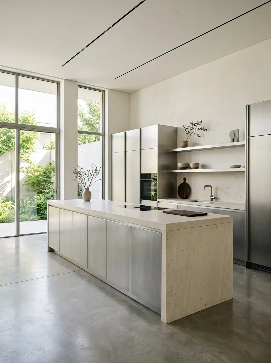Minimalistische keuken met geborsteld aluminium fronten en een monolithisch kookeiland in lichte natuursteen, galerie-achtige uitstraling