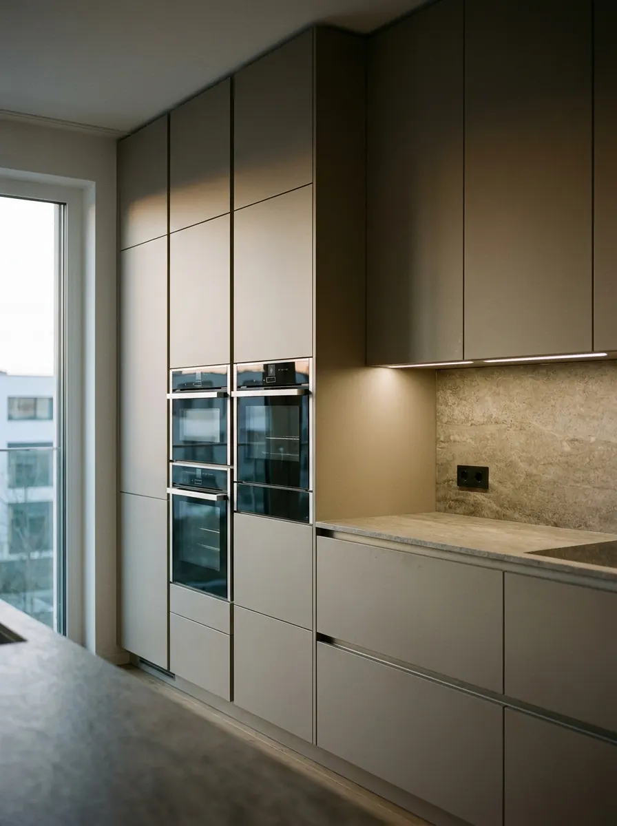 Handgreeploze keuken met matte greige fronten, hoge kastenwand met dubbele ovens en natuurstenen achterwand