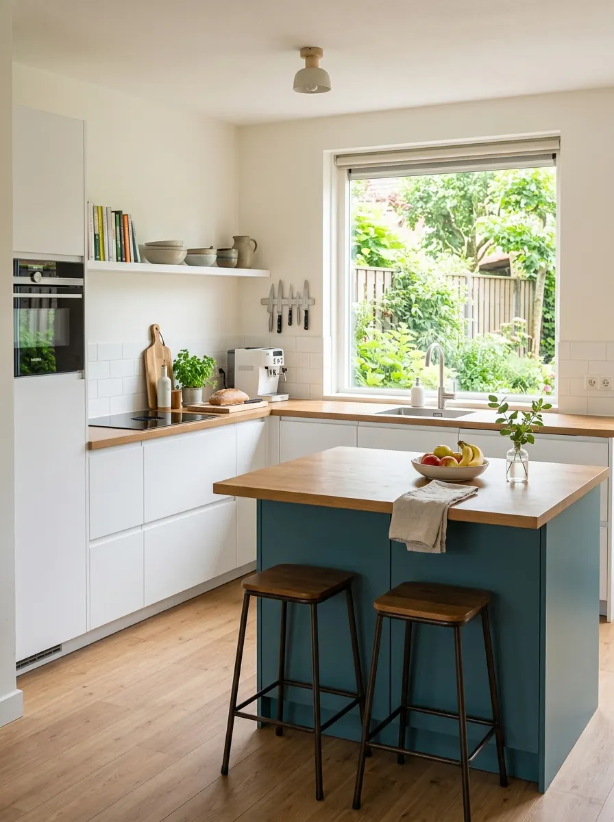Lichte keuken met witte fronten en een petrolblauw kookeiland met houten werkblad, zicht op de tuin