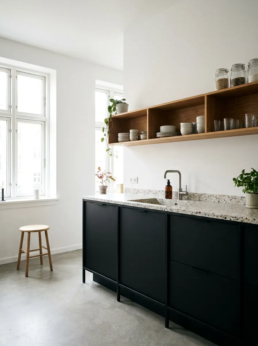 Deens vormgegeven keuken met matzwarte fronten, eiken open kasten en een terrazzo werkblad