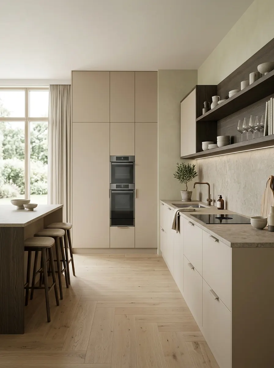 Architectonische keuken in mat sahara-beige met gerookt eiken open kasten en een hoge kastenwand met twee ovens
