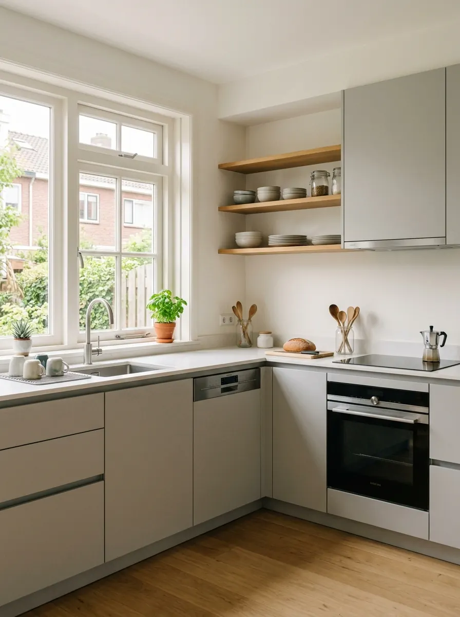 Moderne keuken met lichtgrijze fronten, houten open planken en inbouwapparatuur in een gezinswoning