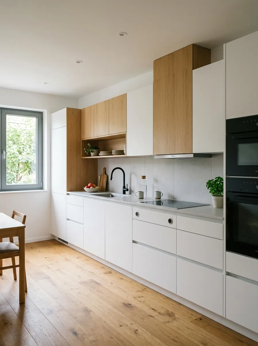 Witte grepenloze keuken met lichte eiken accenten en een klein raam boven het aanrecht