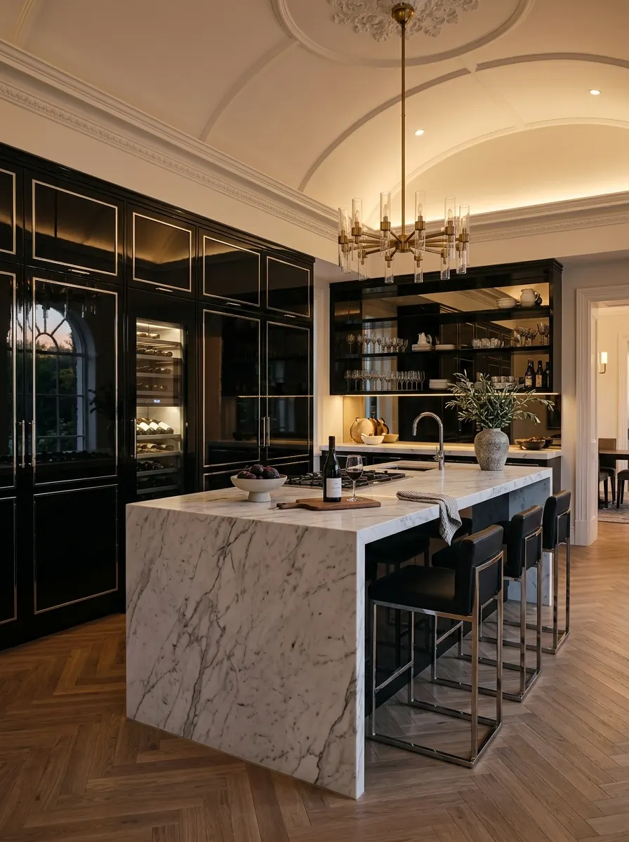 Luxueuze keuken in hoogglans zwart lak met fijne chromen lijnen, een marmeren kookeiland met waterval-zijkant en een wijnkast