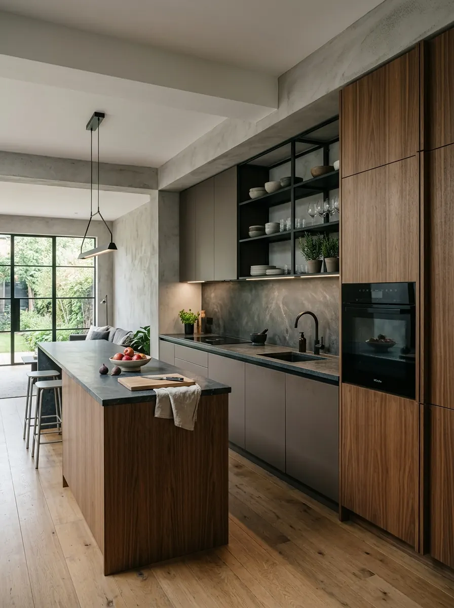 Keuken in omber grijsbruin met notenhouten hoge kasten, een open wandrek met zwart frame en een donker stenen werkblad