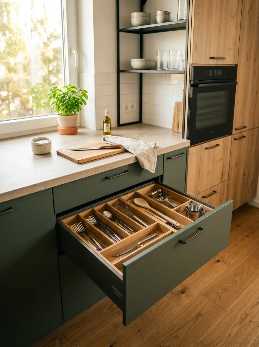 Keuken met groene fronten en houtkleurige kastenwand, geopende lade met houten bestekindeling