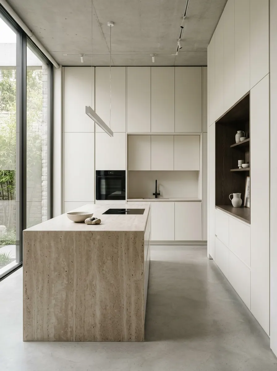 Minimalistische greeploze keuken in warm wit met een monolithisch natuurstenen kookeiland