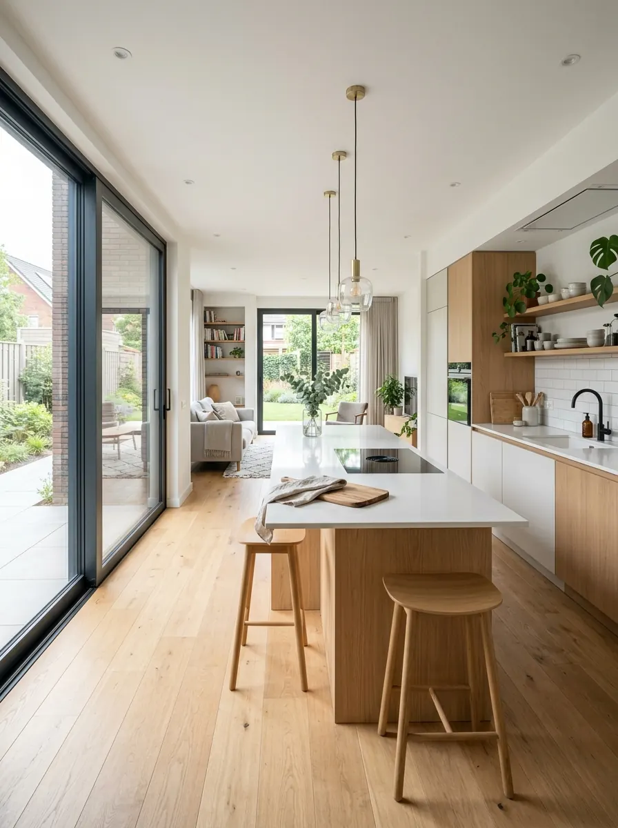Ruime keuken in een nieuwbouwwoning met open verbinding naar de woonkamer