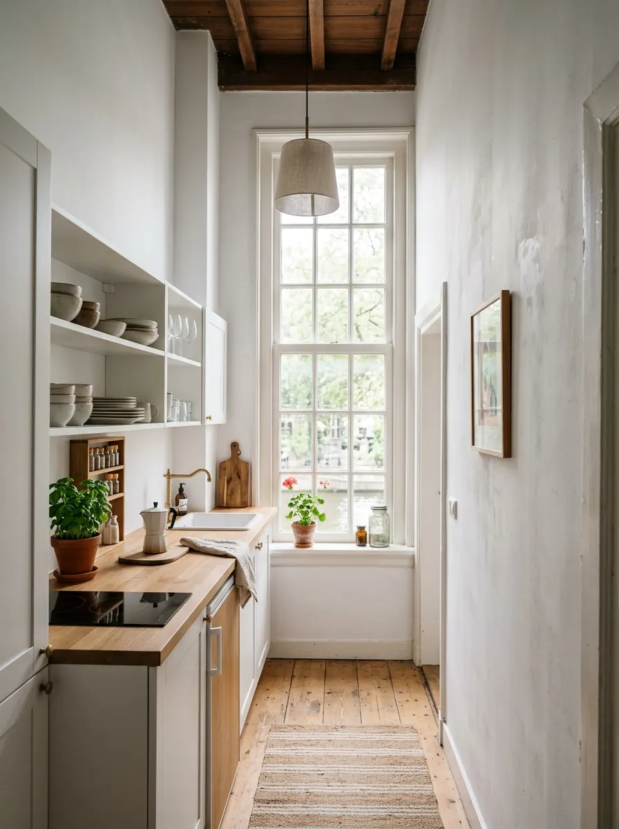 Compacte keuken in een smal grachtenpand met hoog plafond en een tall raam