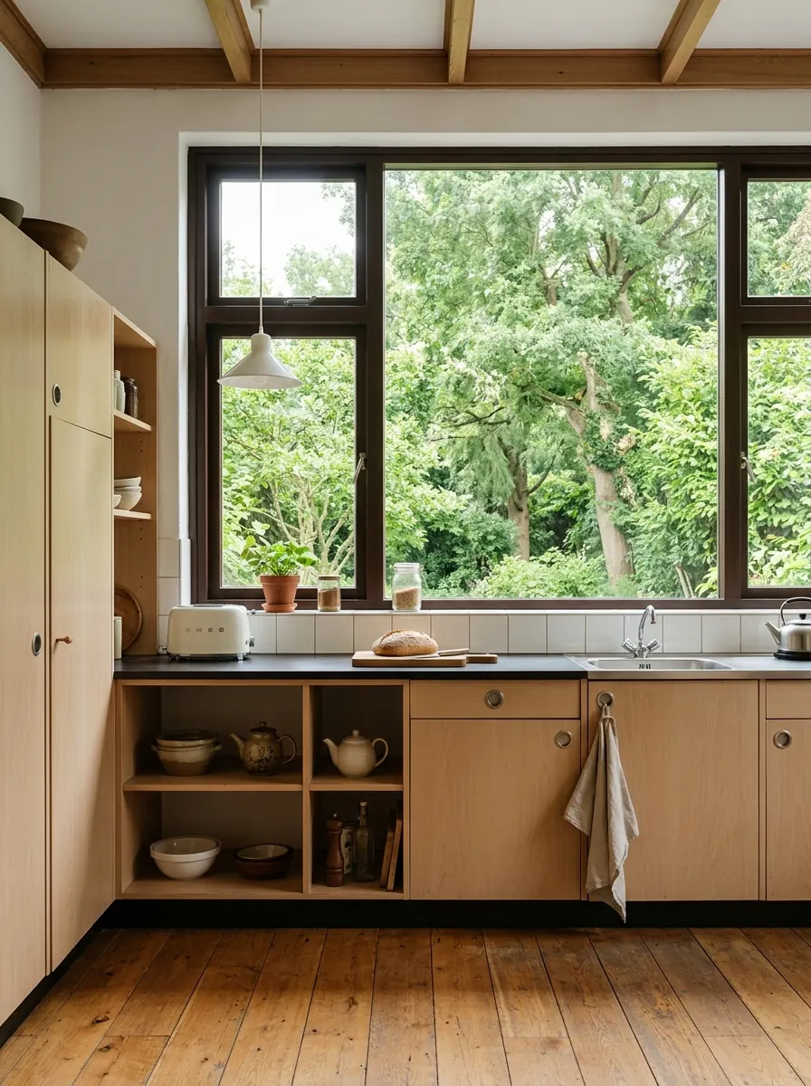Keuken in een jarenzestigwoning met een breed raam en zicht op groen