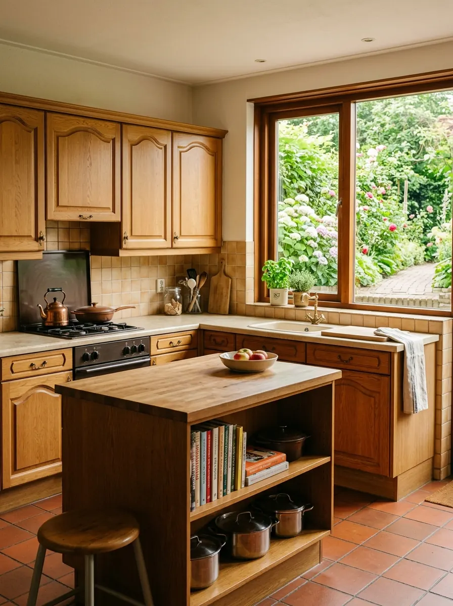 Keuken met kookeiland in een jarentachtig eengezinswoning