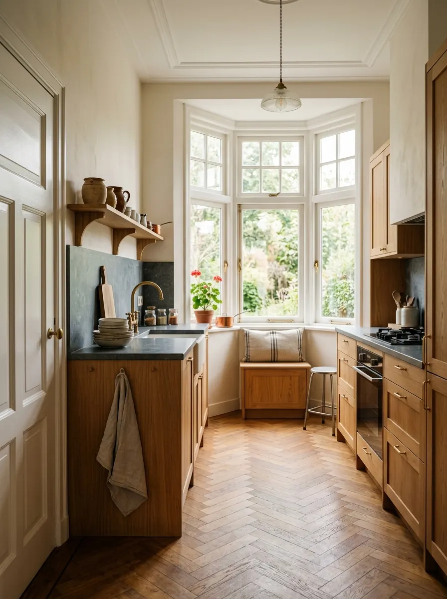 Keuken in een jarendertigwoning met erker en visgraatvloer