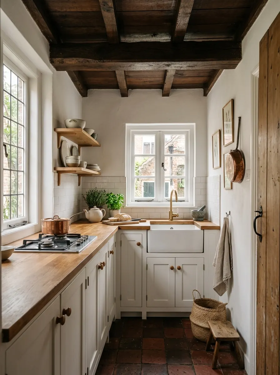 Kleine keuken in een historisch stadswoninkje met wit gestuukte wanden