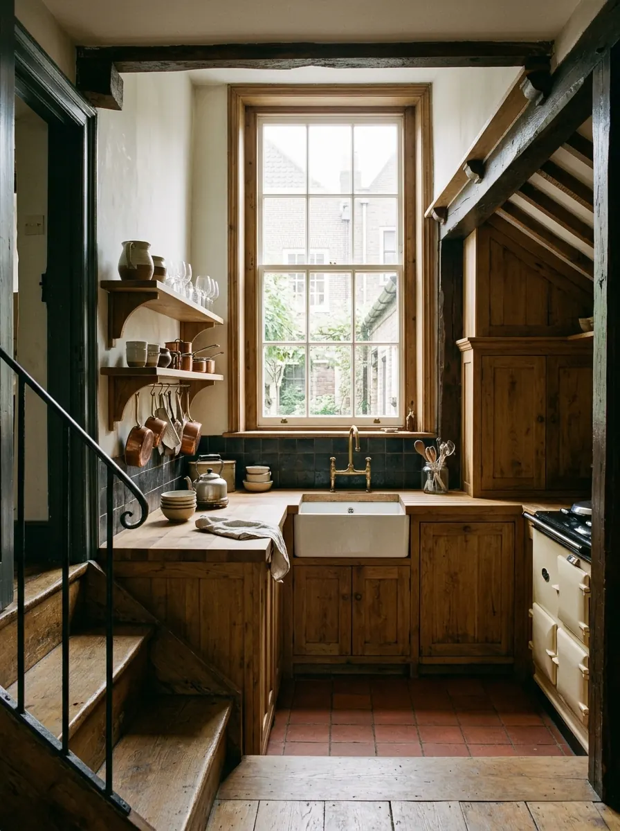 Keuken in een vooroorlogse split-levelwoning met een paar treden naar de kookruimte