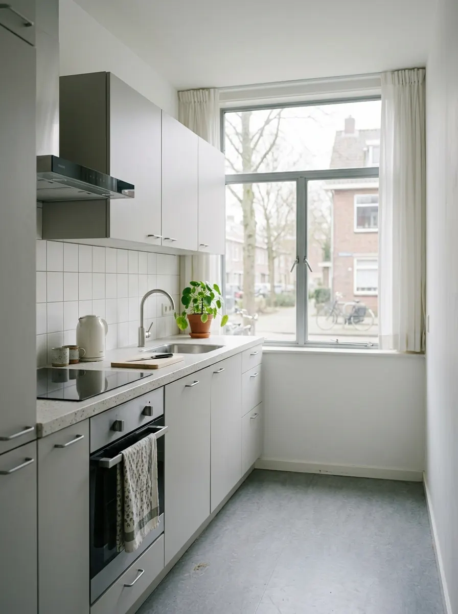 Keuken in een naoorlogs appartement met strakke lijnen en een brede raampartij
