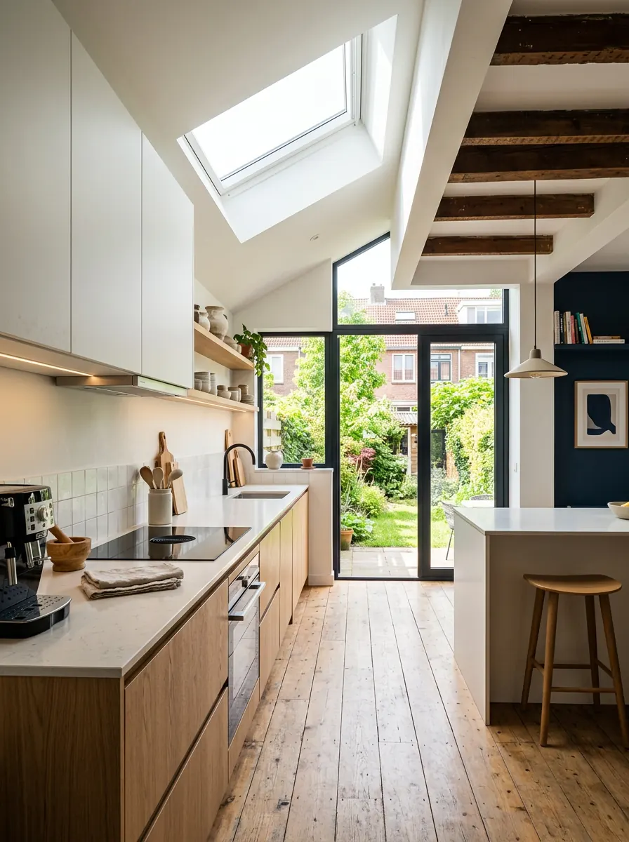 Keuken in een rijtjeswoning met achteraanbouw en lichtinval via een dakraam