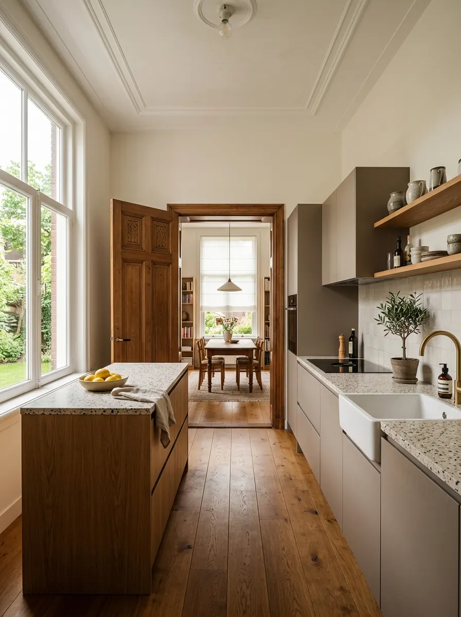 Gerenoveerde keuken in een jarentwintigwoning met en-suite doorkijk