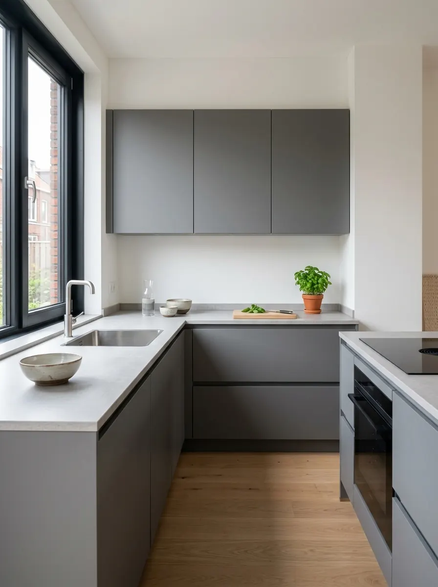 Grijze greeploze keuken met vlakke fronten zonder grepen en een licht composiet werkblad
