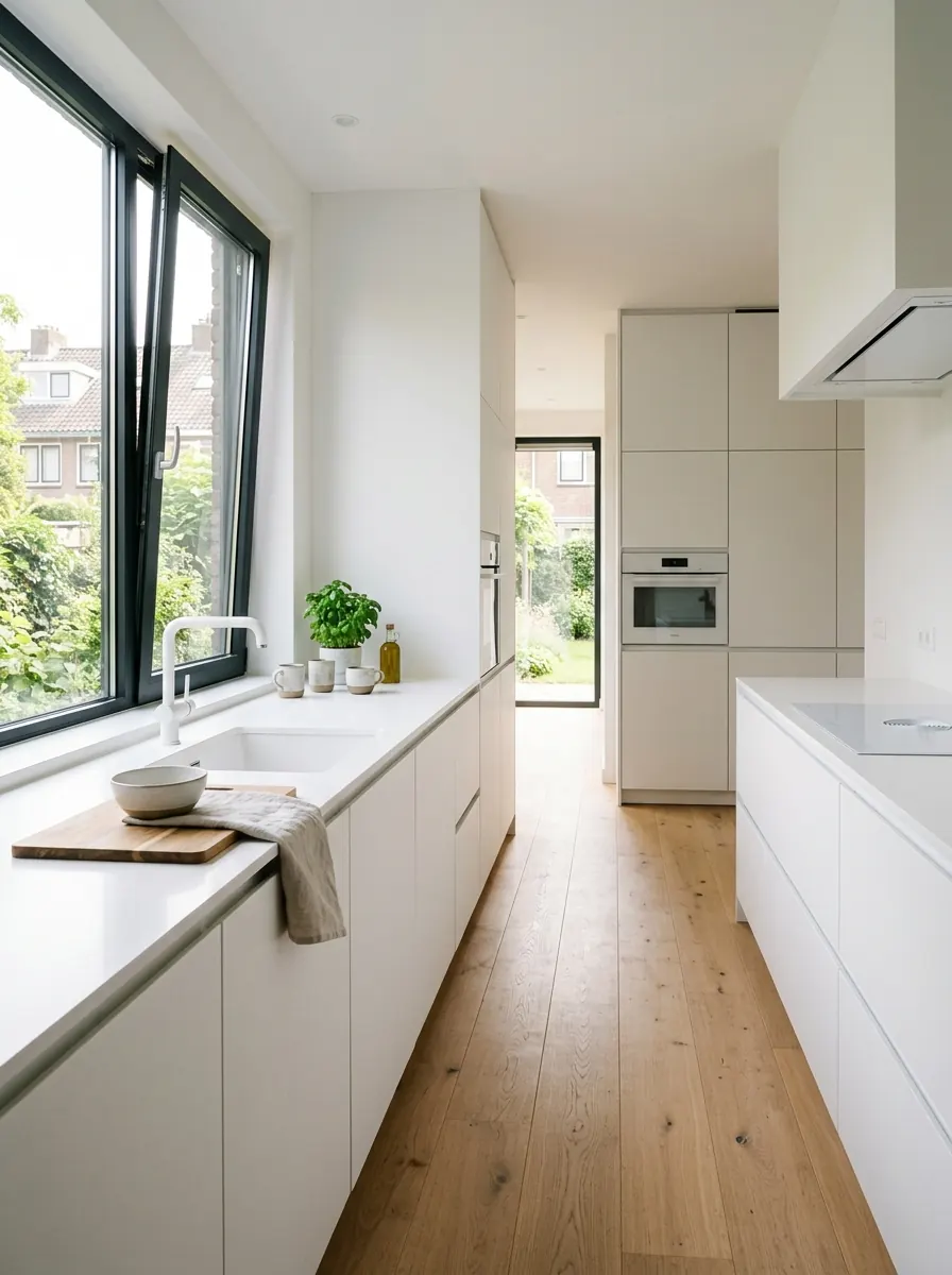Witte greeploze keuken met doorlopende vlakke fronten en verzonken greeplijst