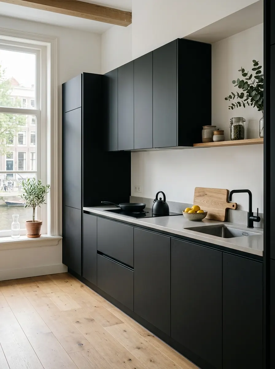 Zwarte greeploze keuken met vlakke fronten zonder grepen en een licht stenen werkblad