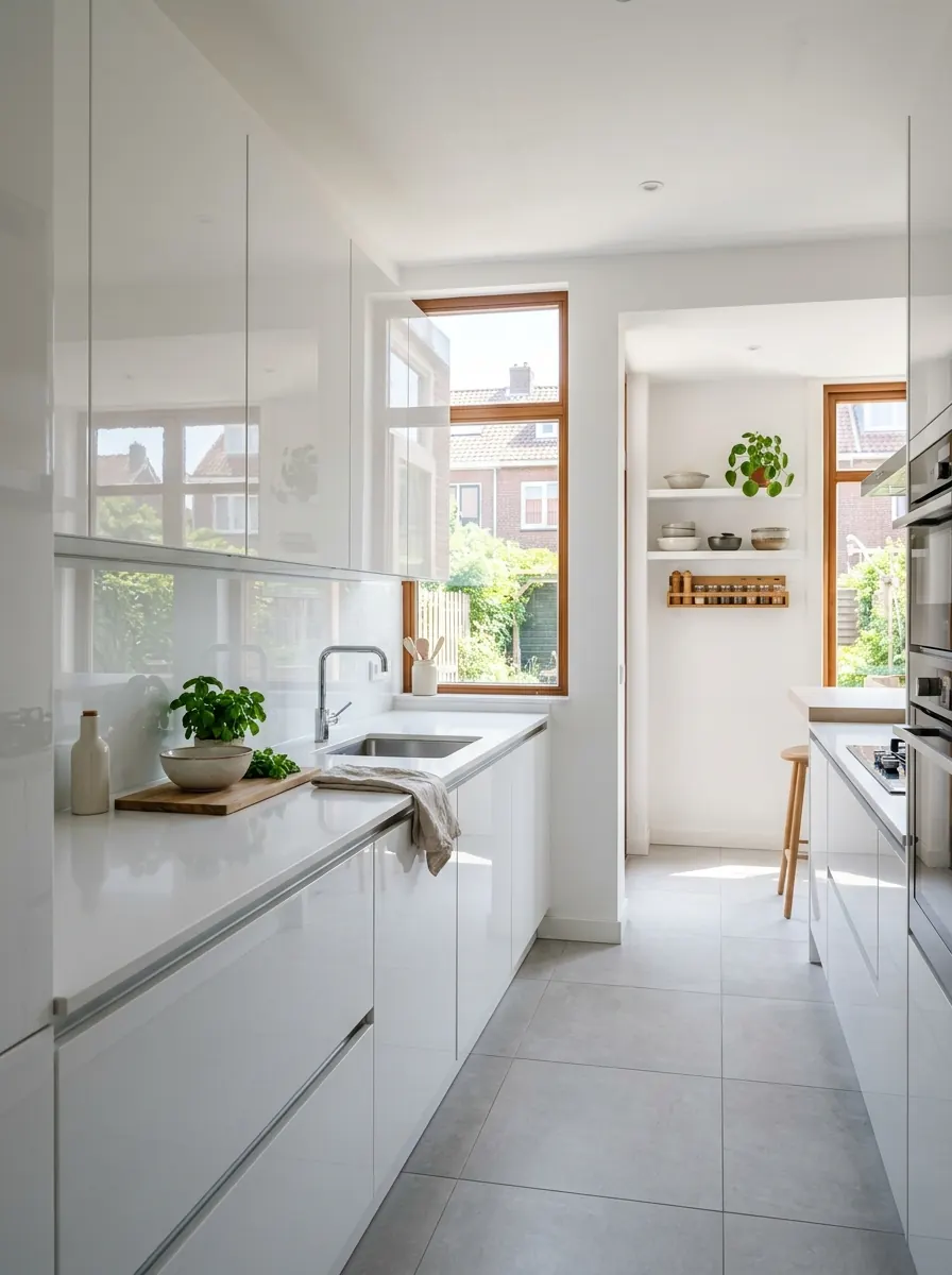 Witte hoogglans keuken met spiegelende fronten die het daglicht weerkaatsen