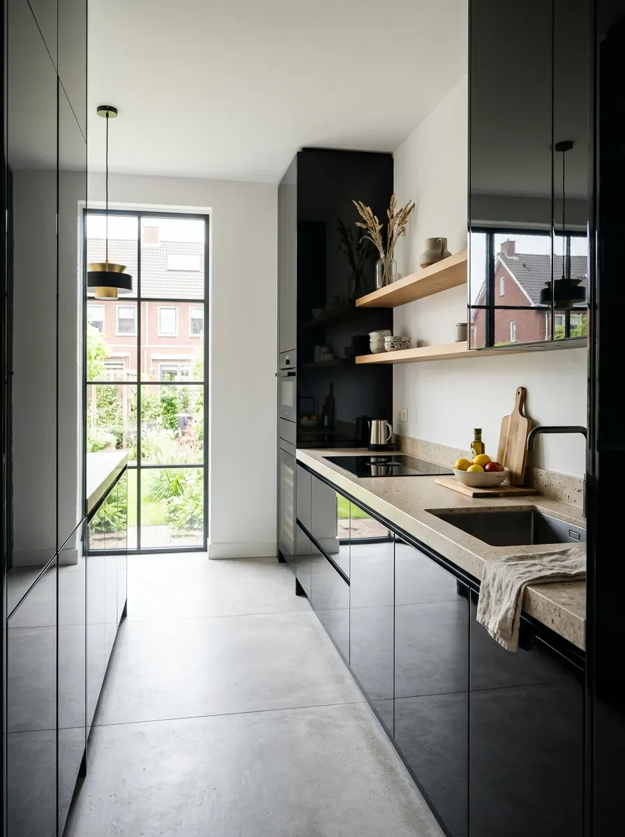 Zwarte hoogglans keuken met spiegelende fronten en een licht werkblad als contrast