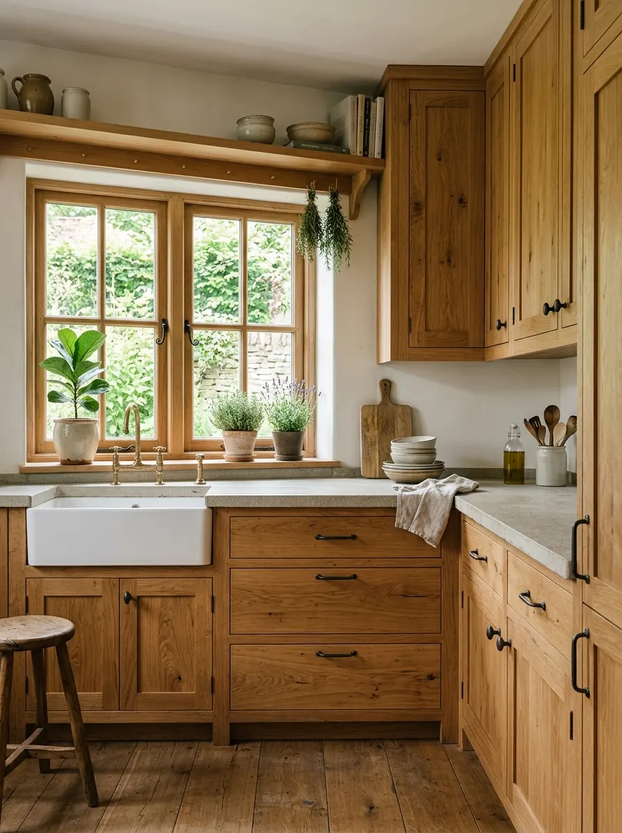 Eikenhouten keuken met zichtbare houtnerf op alle fronten en een stenen werkblad