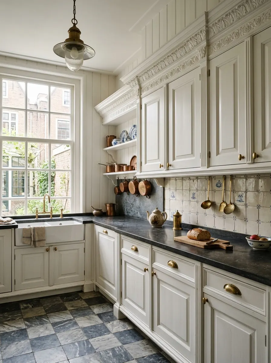 Witte klassieke keuken met paneeldeuren, lijstwerk en messing komgrepen