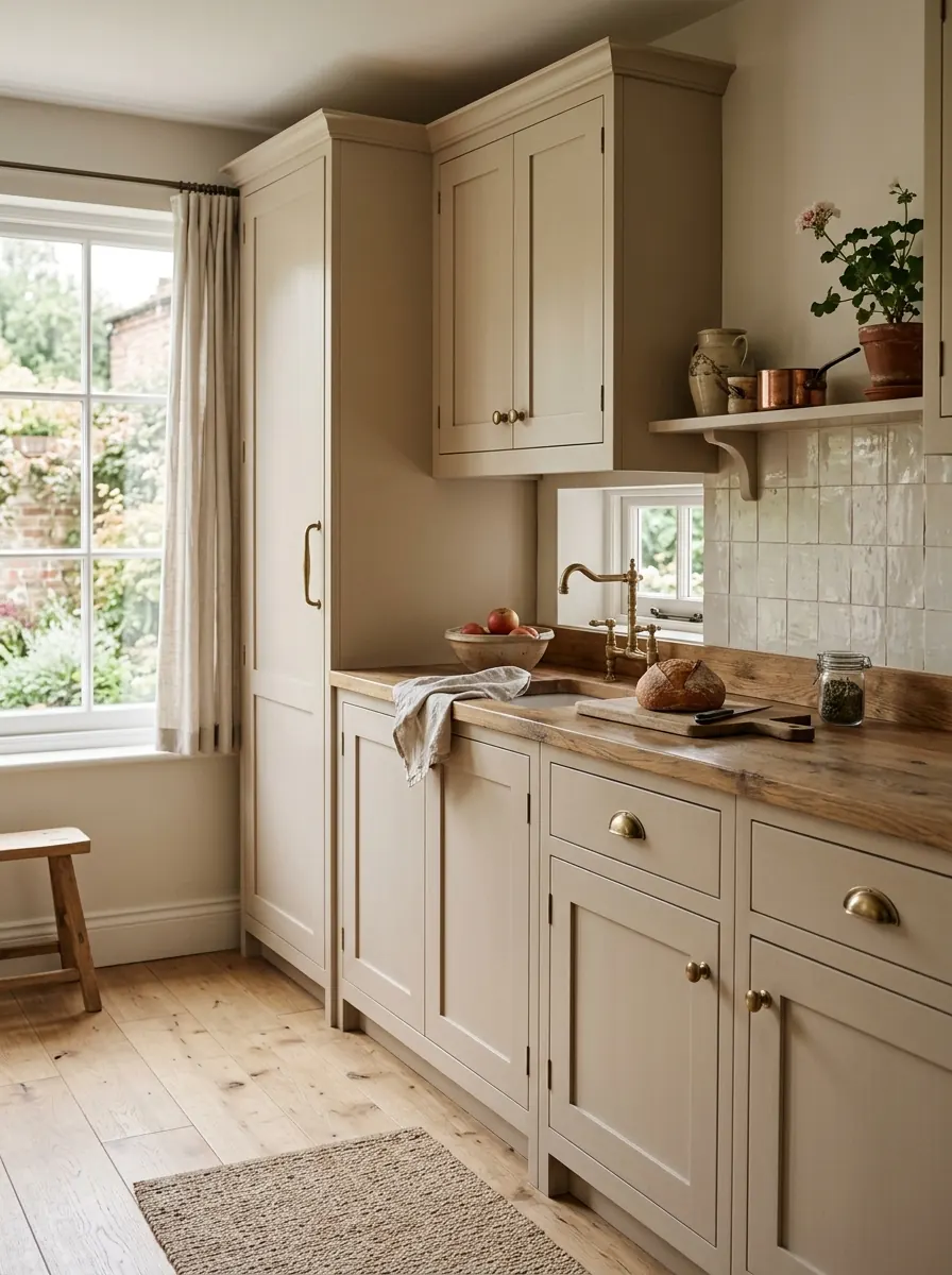 Beige landelijke keuken met shaker-fronten en een houten werkblad