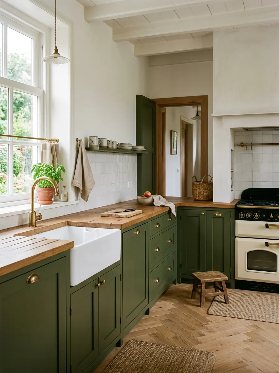 Groene landelijke keuken met shaker-fronten, messing grepen en een houten werkblad