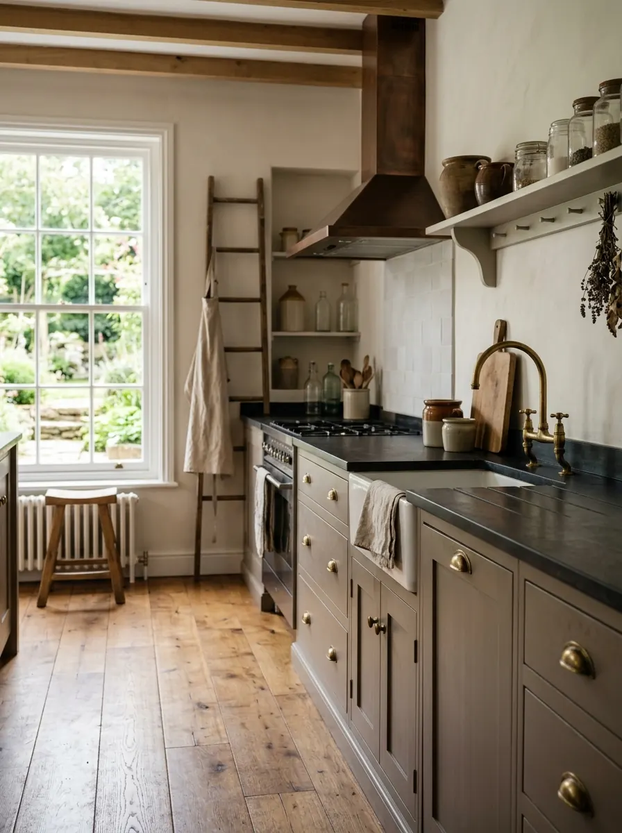 Taupe landelijke keuken met shaker-fronten en een donker werkblad als contrast