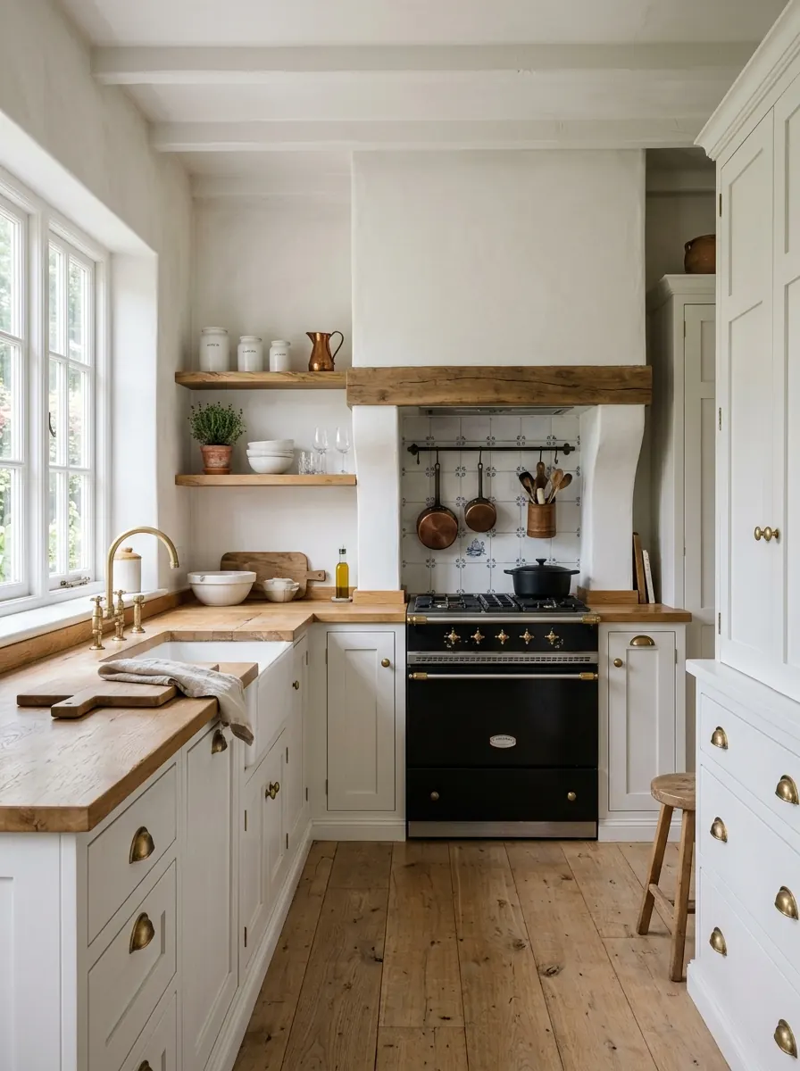 Witte landelijke keuken met shaker-fronten, schouw boven het fornuis en een houten werkblad