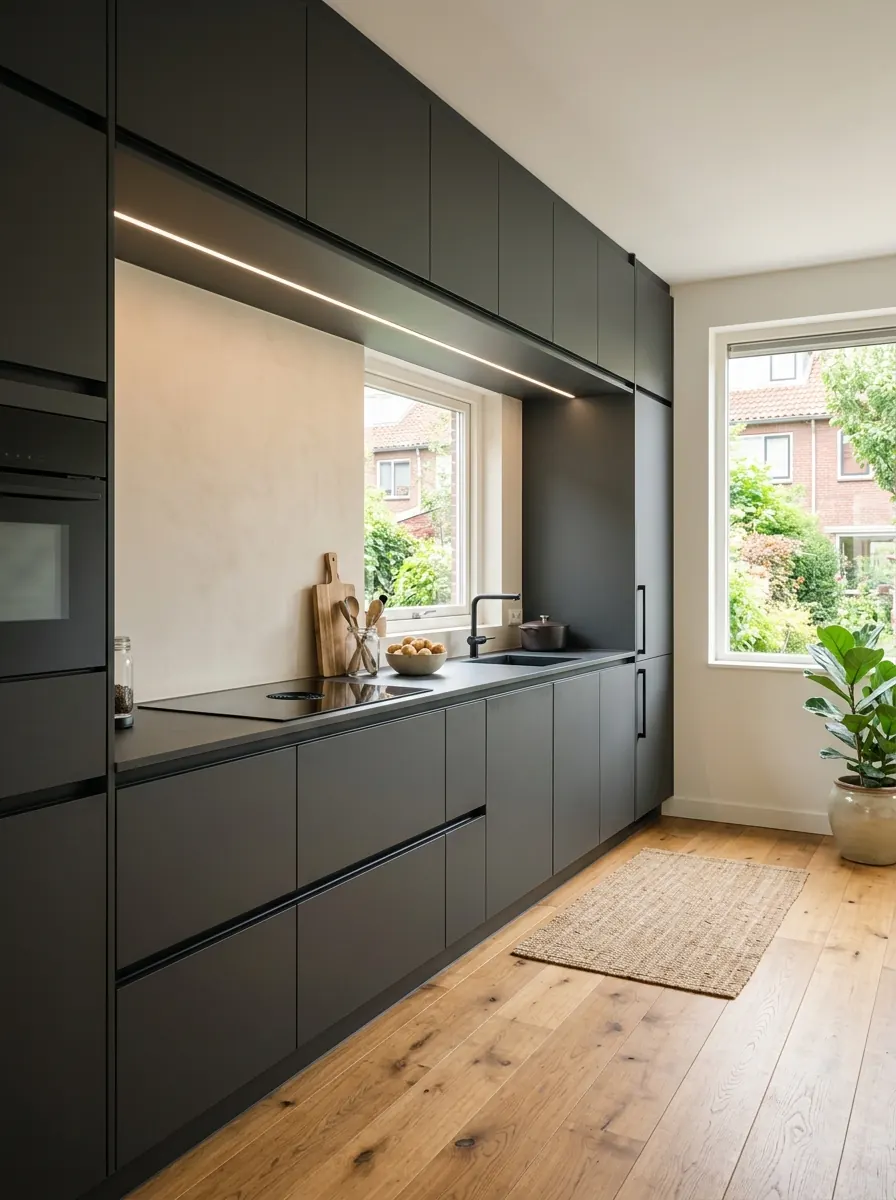 Antraciet moderne keuken met rechte kastenwand en greeplijst in dezelfde tint