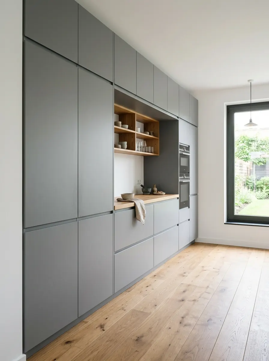 Grijze moderne keuken met rechte kastenwand, greeplijst en houten werkbladaccent