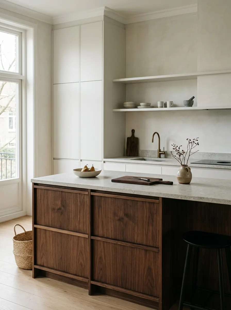Moderne keuken met walnoten fronten op het kookeiland en lichte wandkasten