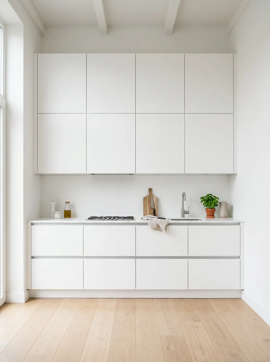 Witte moderne keuken met rechte kastenwand en smalle greeplijst