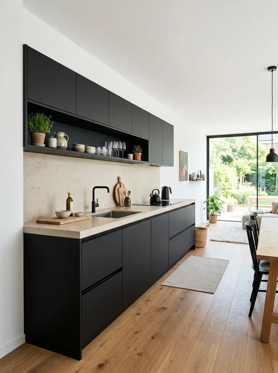Zwarte moderne keuken met rechte kastenwand en licht natuurstenen werkblad